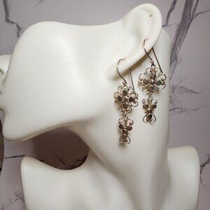 925 Silver Filigree Floral Motif Dangle Earrings